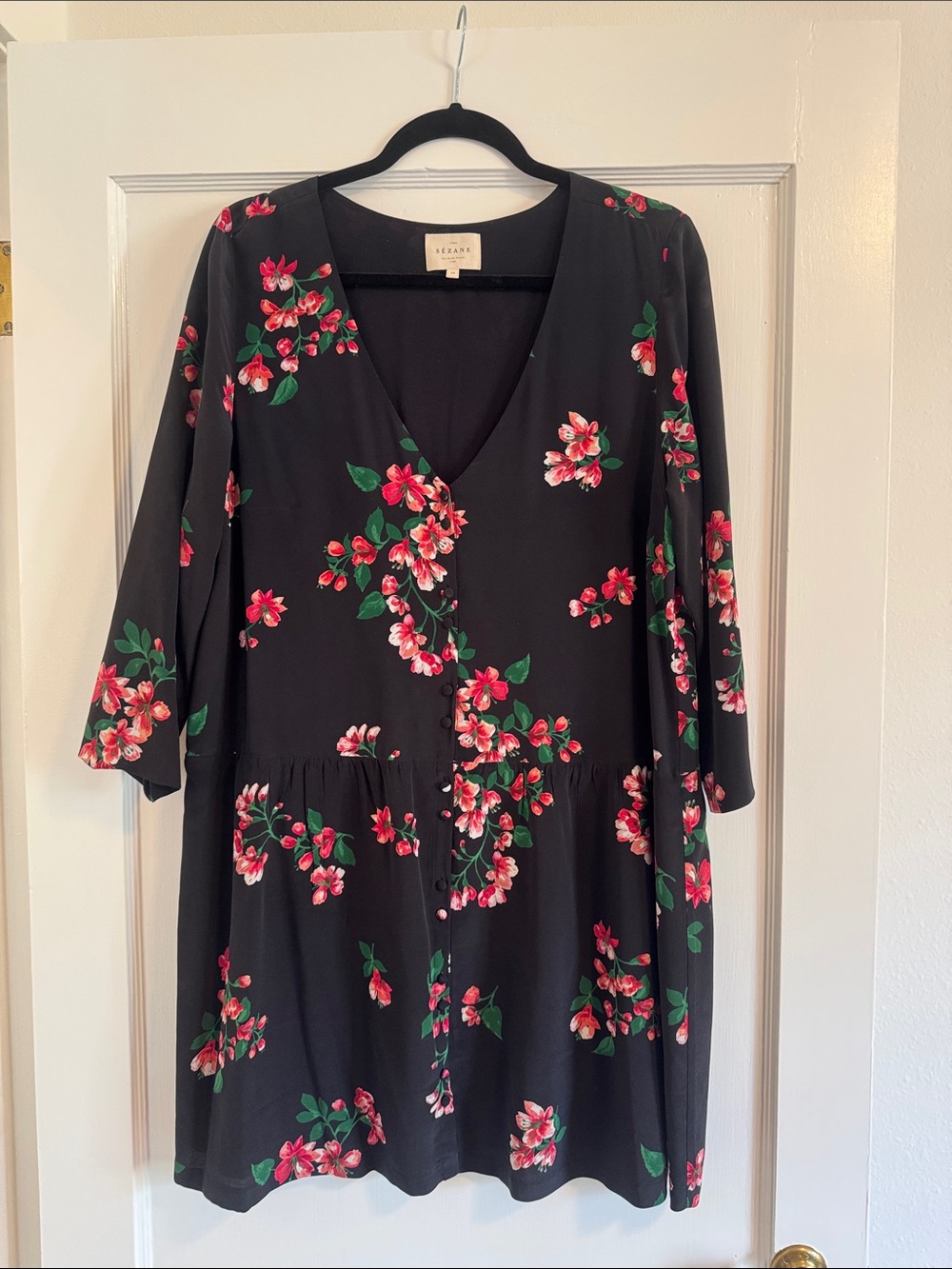 Sézane Penny Mini Dress Black Floral Long Sleeve Button Front EU 42 US 10